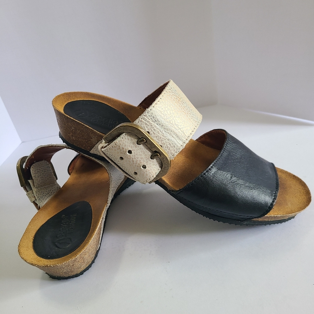 Sergio Tomani Minimalist Boho Black Cream Silver/Metallic Sandals Size 38